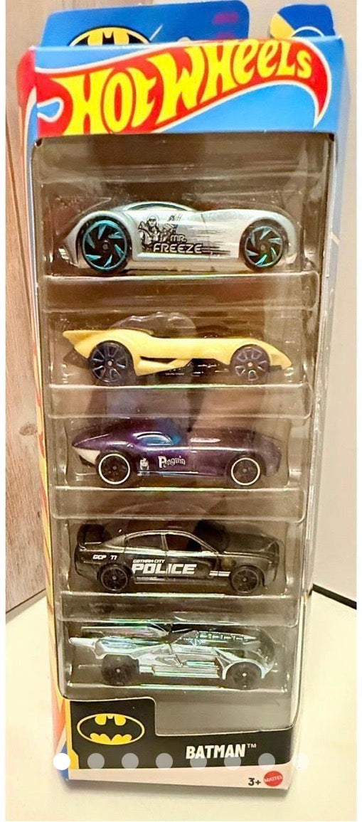Hot Wheels Batman 5-Pack featuring Mr. Freeze, Penguin, Gotham City Police, and chrome Batman cars
