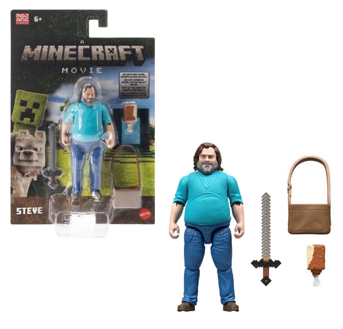 A Minecraft Movie Steve action figure by Mattel with iron sword, chicken leg and satchel accessories