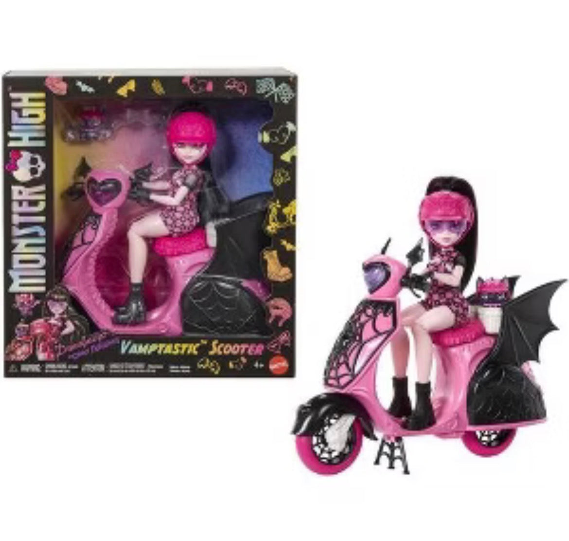 Monster High Draculaura Vamptastic Scooter playset with doll, pink scooter and helmet by Mattel