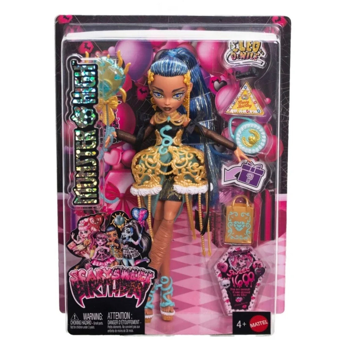 Monster High Scary Sweet Birthday Cleo de Nile fashion doll in gold birthday outfit with party accessories