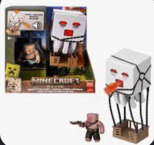 A Minecraft Movie Ghast figure with sound feature and Piglin figure set by Mattel