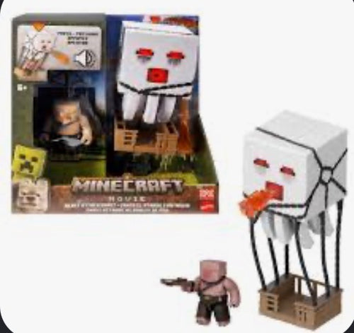 A Minecraft Movie Ghast figure with sound feature and Piglin figure set by Mattel