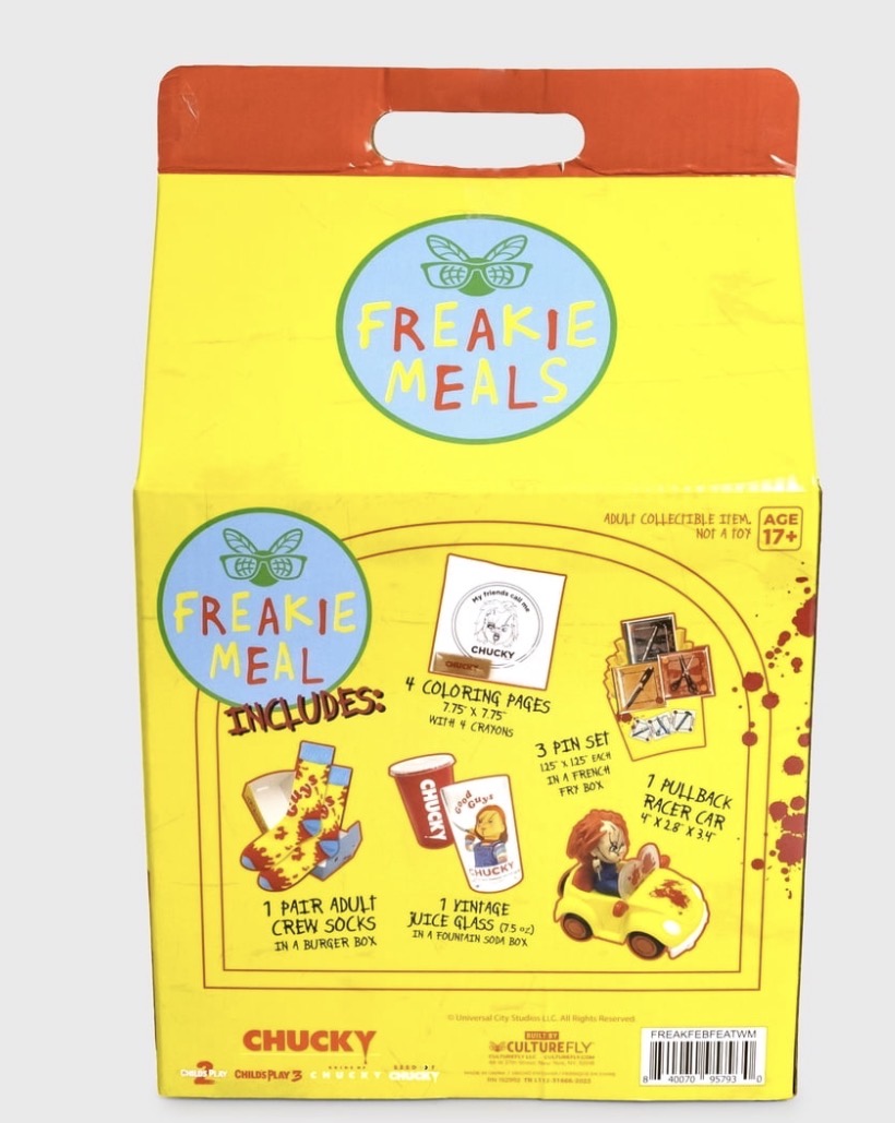 Freakie Meals Chucky gift set back packaging showing all included items