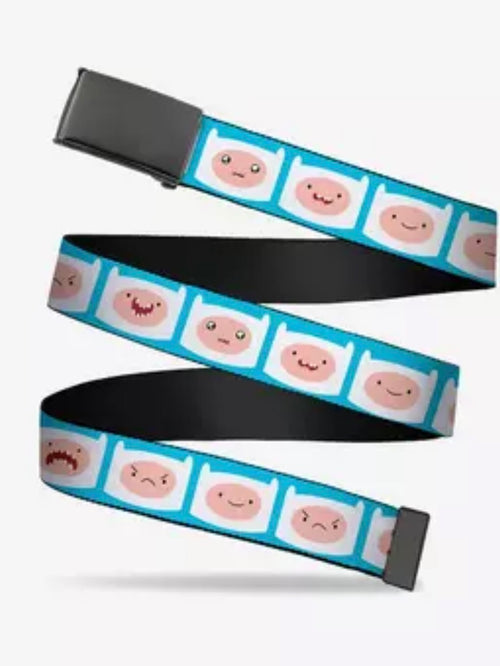 Adventure Time Finn the Human faces web belt by Buckle-Down with teal background and multiple expressions