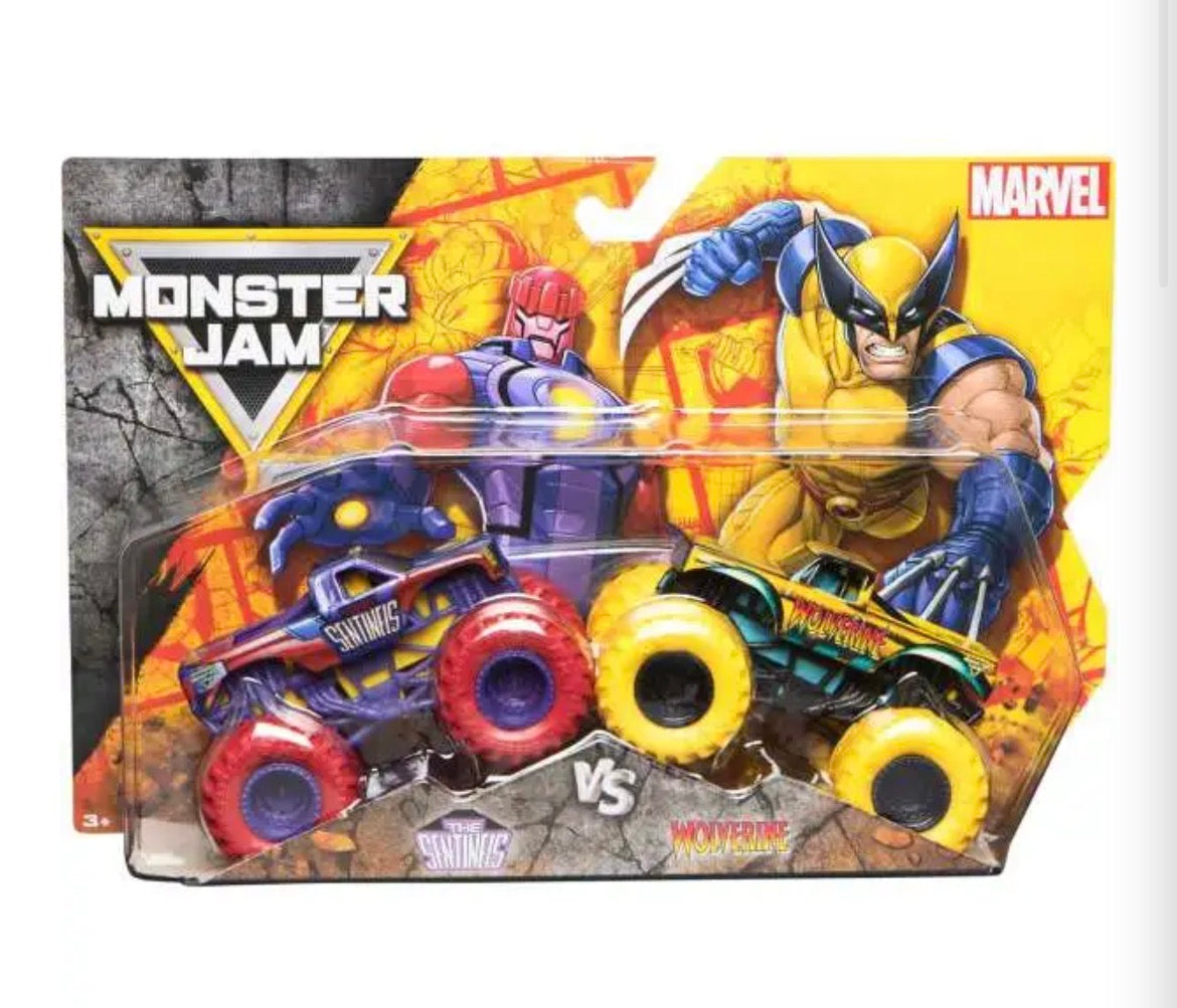 Monster Jam x Marvel Sentinis vs Wolverine die-cast monster truck 2-pack in packaging