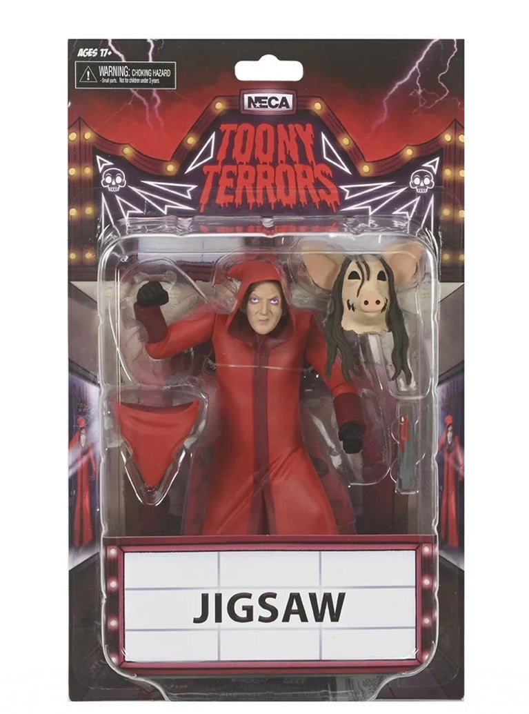 NECA Toony Terrors Jigsaw action figure in packaging with pig mask accessory