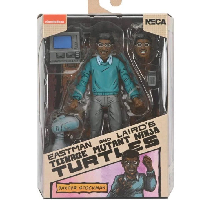 NECA Eastman and Laird's TMNT Baxter Stockman action figure in packaging with computer monitor and alternate head