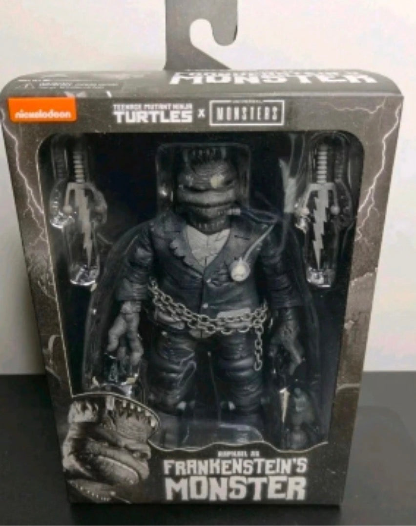 NECA TMNT x Monsters Raphael as Frankenstein's Monster black and white action figure in box